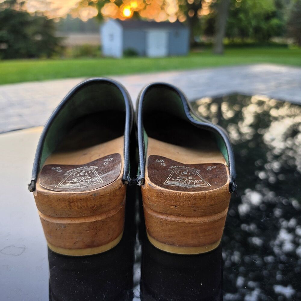 Swedish Bastad Toffeln Originals Green Leather and Wood Clogs Size 40 US 9 - Picture 4 of 10